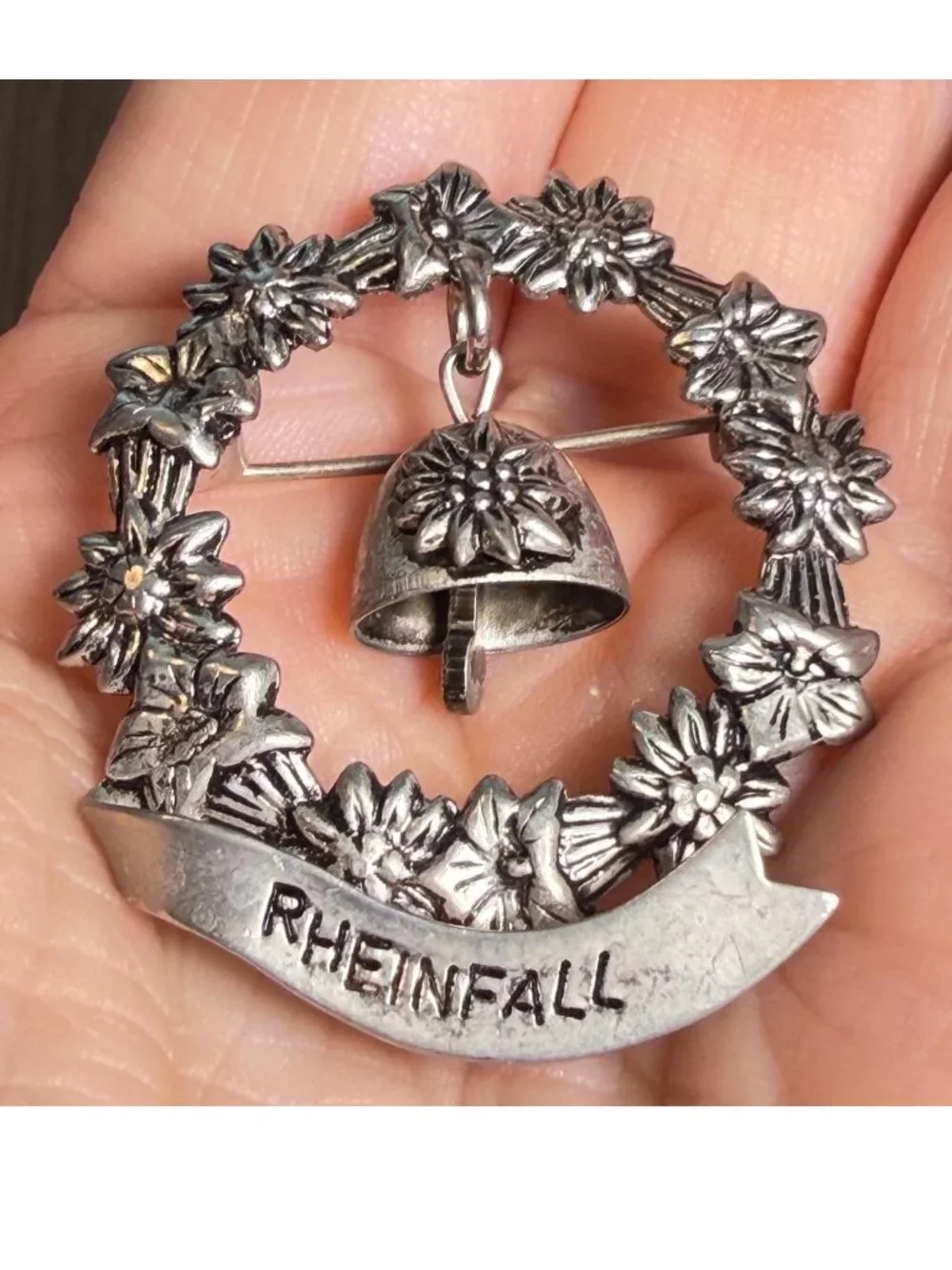 Vintage Rheinfall Swiss Alps Edelweiss Cowbell Souvenir Brooch Pin 1.75”